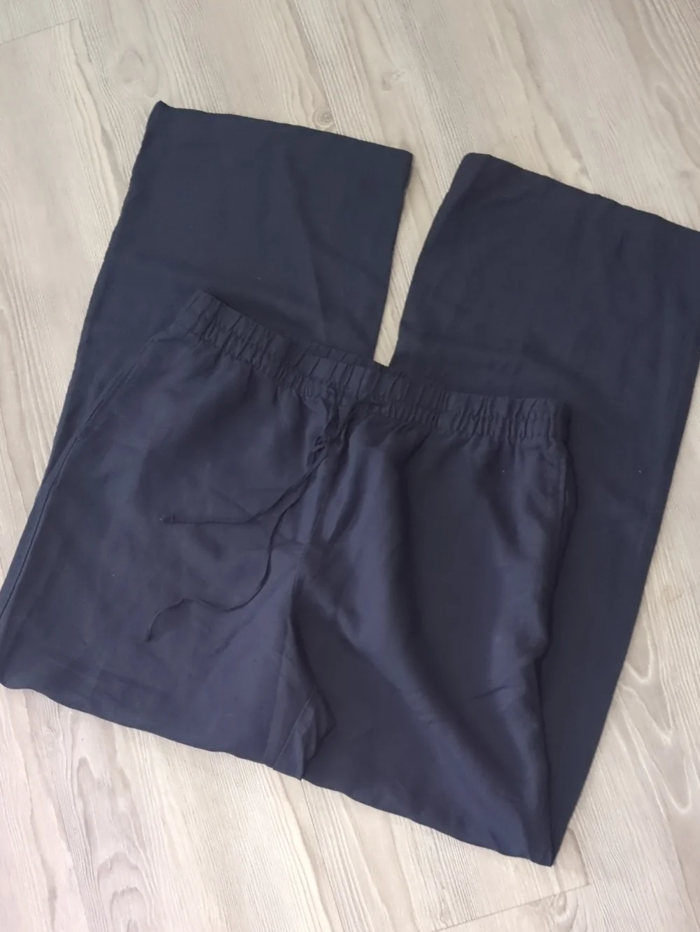 H&M Linen Blend Wide Leg Pull On Pants Blue Medium Elastic Waist Pockets
